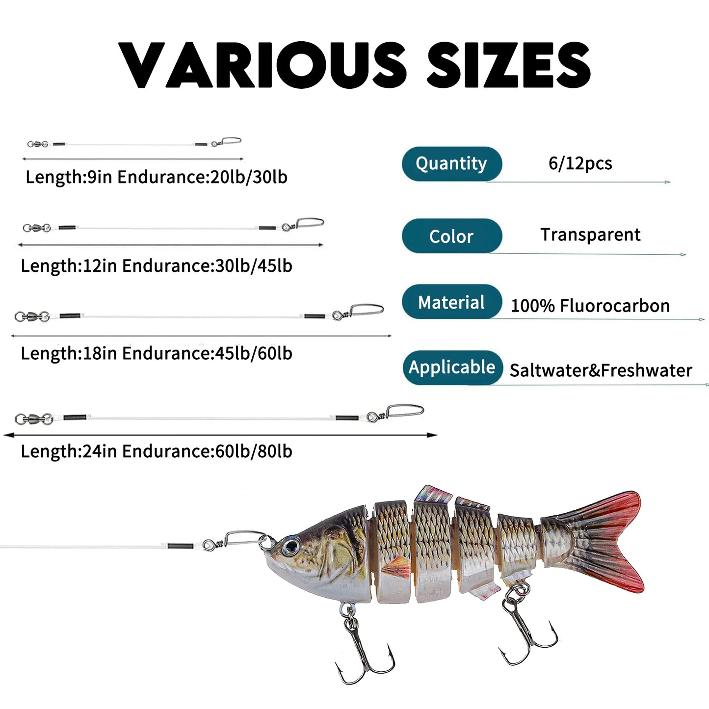 20LB-80LB Invisible Fluorocarbon Leaders with Swivel and Snap